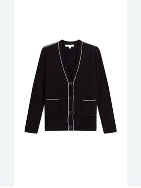 0156 woman’s Black V-Neck Button Cardigan with Contrast Trim